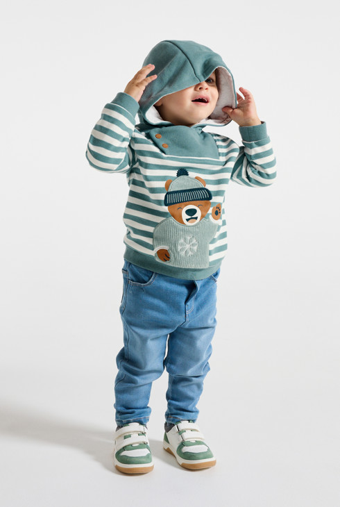 Sudadera con capucha muletón de rayas oso azul bebé niño 1