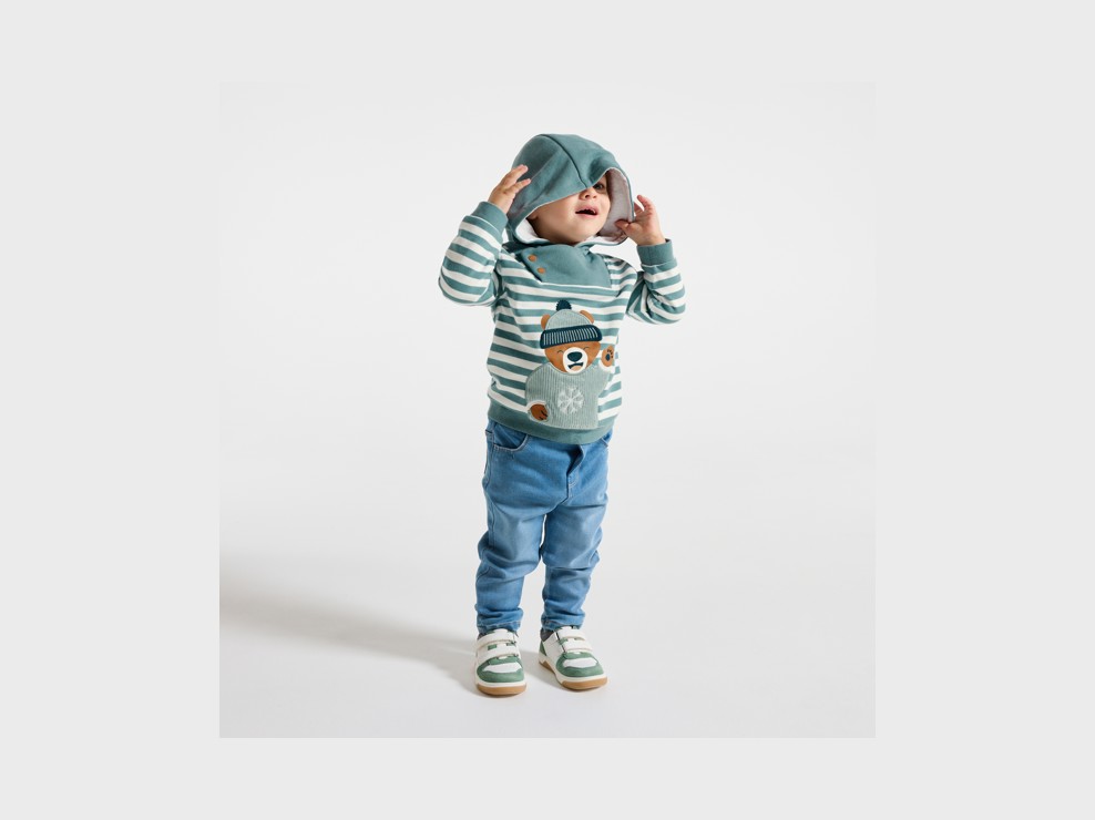 Sweat à capuche molleton rayé ours bleu bébé garçon 1