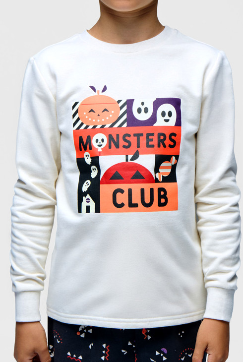 Zweiteiliger Molton-Pyjama mit Halloween-Motiv weiß Jungen 1