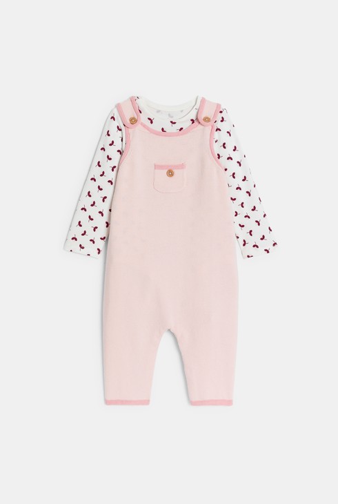 Salopette longue maille tricot et body fleuri rose bébé fille