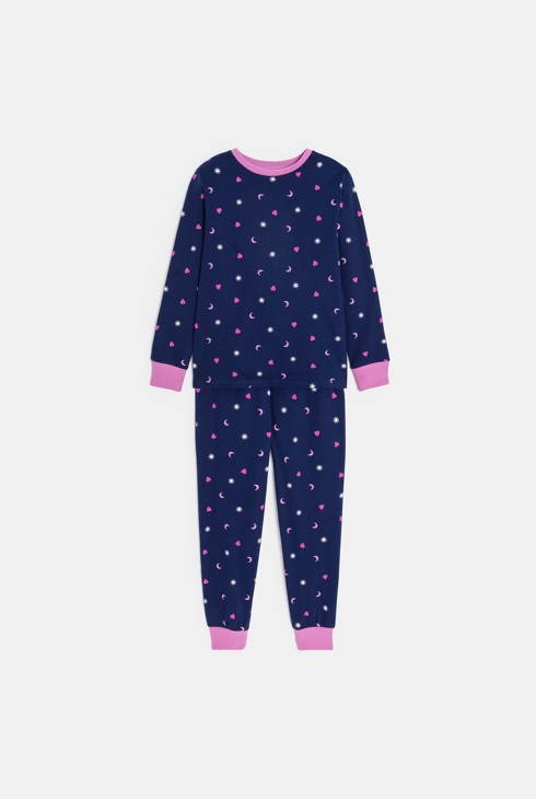 Girl's navy blue printed jersey 2-piece pyjamas 2