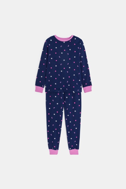 Pijama de punto jersey 2 piezas estampado azul marino niña 2