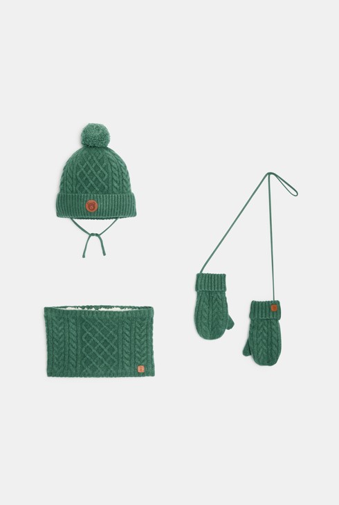 Set mit Mütze, Snood und Fäustlingen aus grünem Strick Kleinkind Junge 1