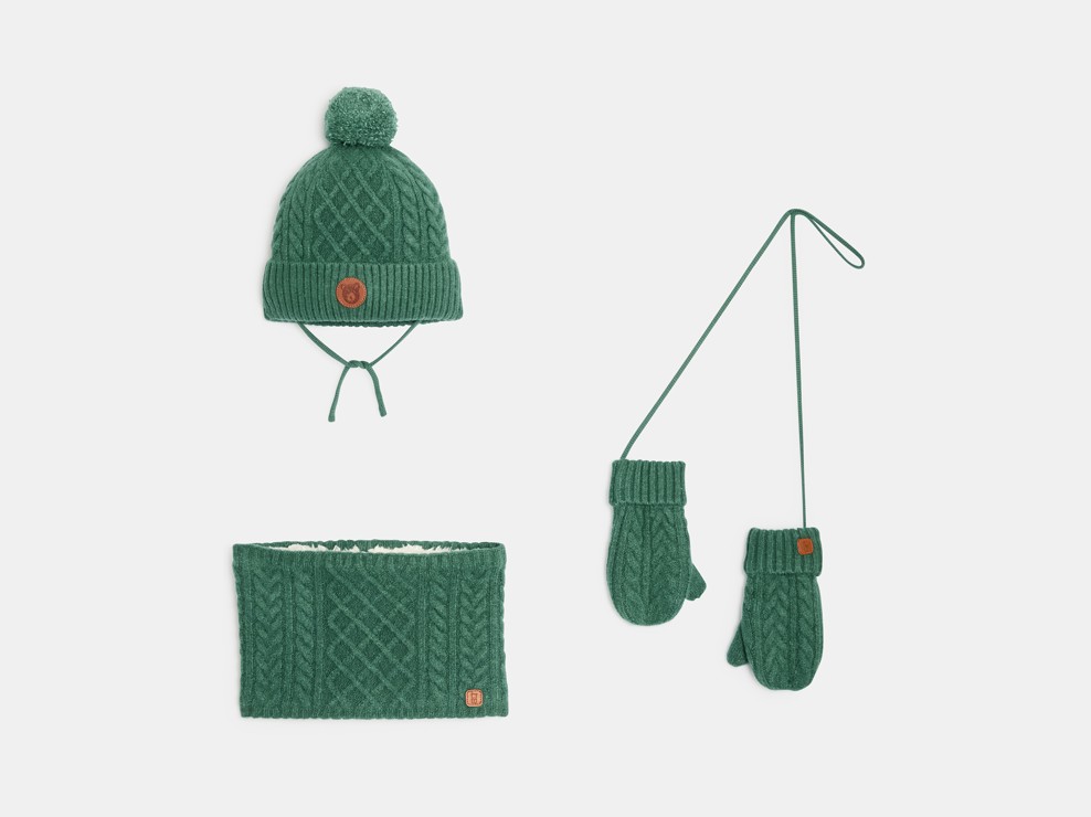 Set mit Mütze, Snood und Fäustlingen aus grünem Strick Kleinkind Junge 1