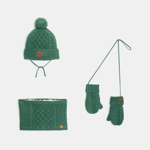 Lot bonnet, snood et moufles en maille verte bébé garçon