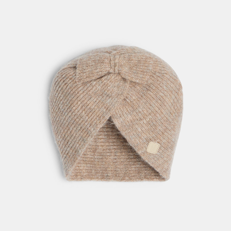 Beige Turban-Mütze aus meliertem Strick für kleine Mädchen