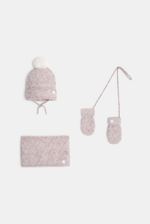 Conjunto de gorro, braga de cuello y manoplas rosa bebé niña 1