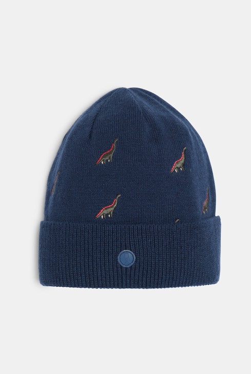 Cuffia blu navy lavorata all'uncinetto e ricamata con motivo dinosauro per bambino 1