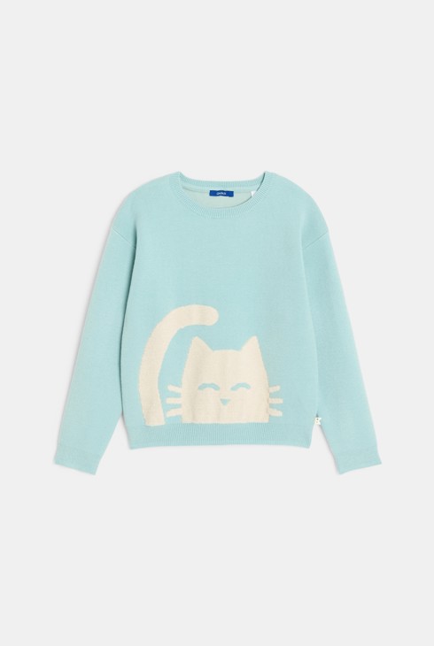 Blauer Pullover mit Katzenmotiv vorne und hinten für Mädchen 1