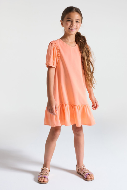 Robe unie à volants orange pastel Fille 1