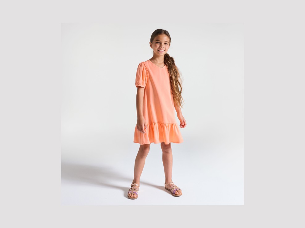 Robe unie à volants orange pastel Fille 1