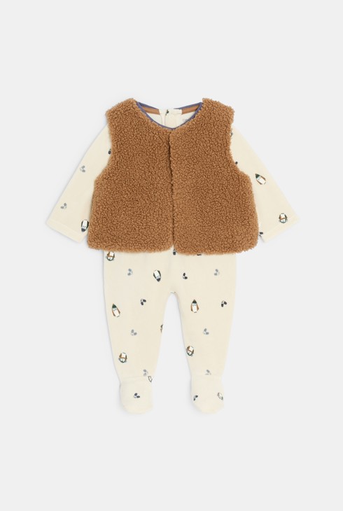 Pelele terciopelo pingüinos y cárdigan sherpa marrón bebé unisex 1