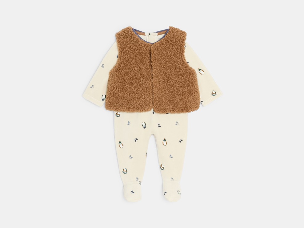Pelele terciopelo pingüinos y cárdigan sherpa marrón bebé unisex 1