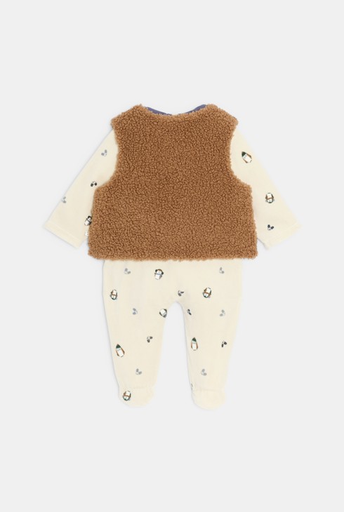 Dors-bien velours pingouins et gilet sherpa marron bébé mixte 2