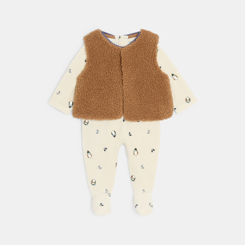 Dors-bien Velours Pingouins Et Gilet Sherpa Marron Bébé Mixte - Naturel - 23M - OBAIBI