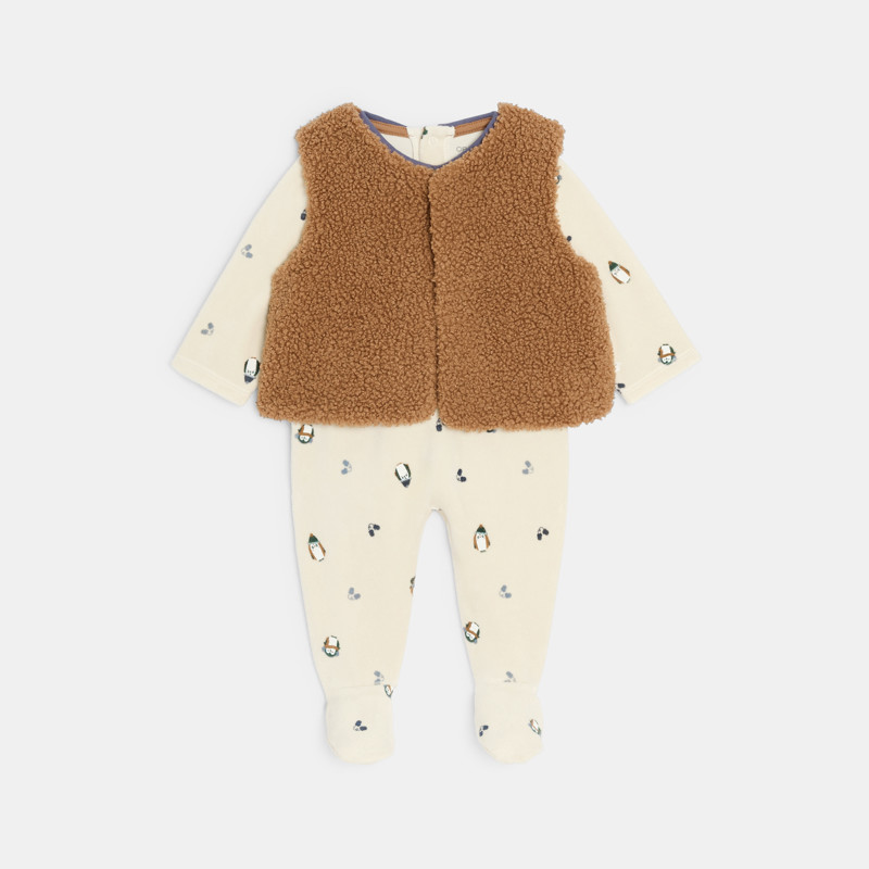 Strampler aus Velours mit Pinguinen und Sherpa-Weste in Braun für Babys (unisex)