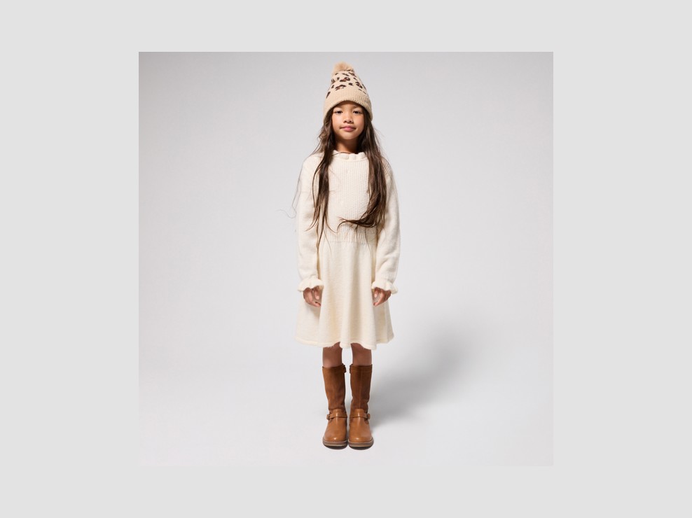 Weißes Strick-Skaterkleid mit Stehkragen für Mädchen 1