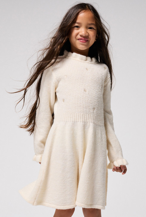 Weißes Strick-Skaterkleid mit Stehkragen für Mädchen 2