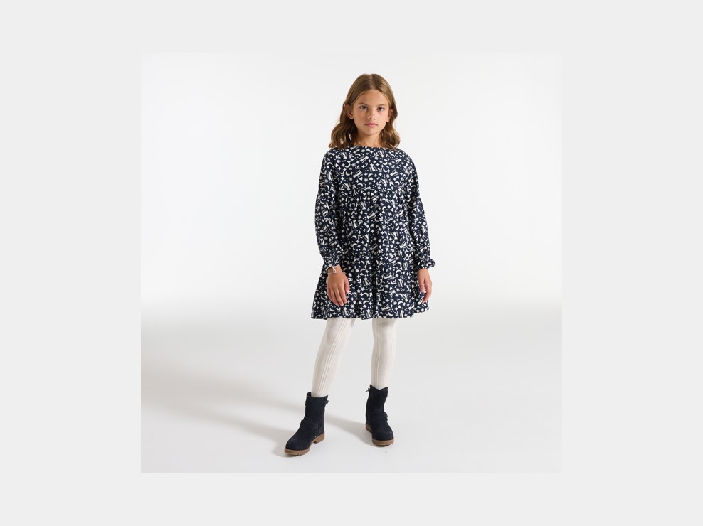 Bedrucktes Langarm-Kleid in Marineblau für Mädchen 1