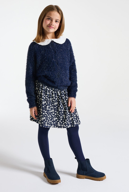 Girl's navy blue printed flared short skirt 1