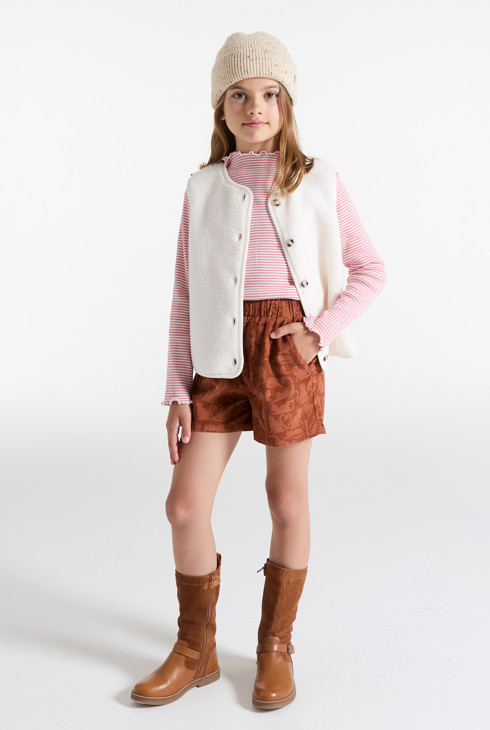 Shorts a vita alta marroni con motivo gatto per bambina 1