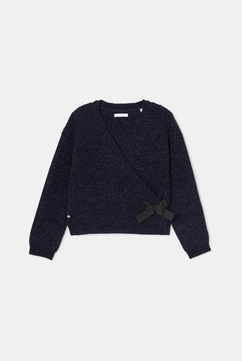 Pullover incrociato in maglia iridescente blu navy bambina Lili Gaufrette 1