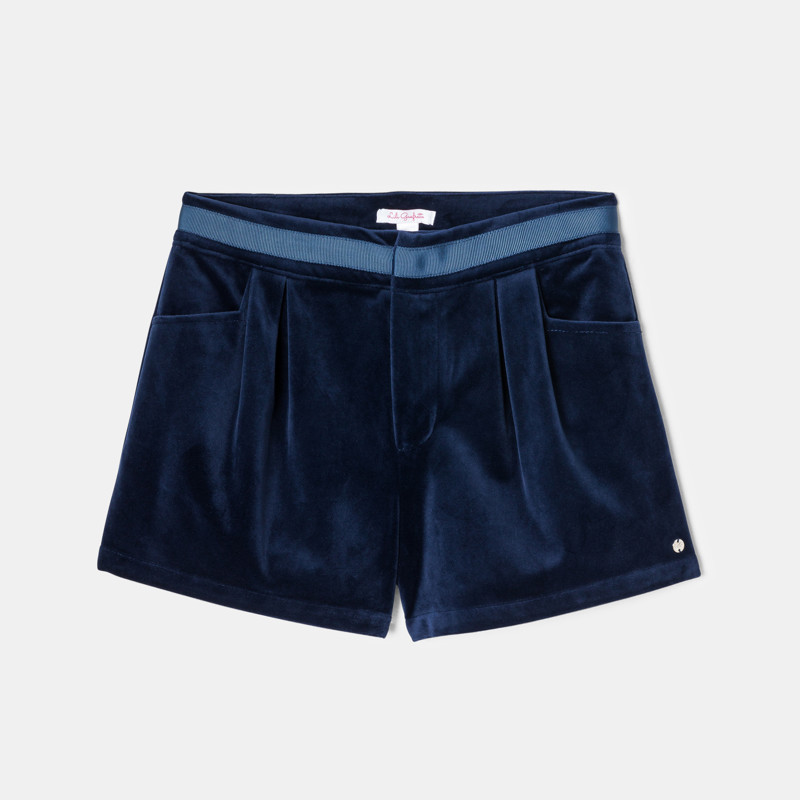 Shorts aus marineblauem Samt mit Bundfalten für Mädchen – Lili Gaufrette