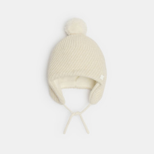 Bonnet en maille blanc à pompon Fille