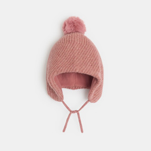 Bonnet en maille rose à pompon Fille