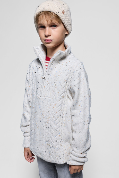 Maglione collo alto con zip bianco sporco mélange per bambino 1