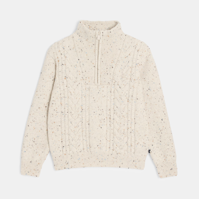 Melierter Pullover in Off-White mit Zipper-Kragen für Jungen