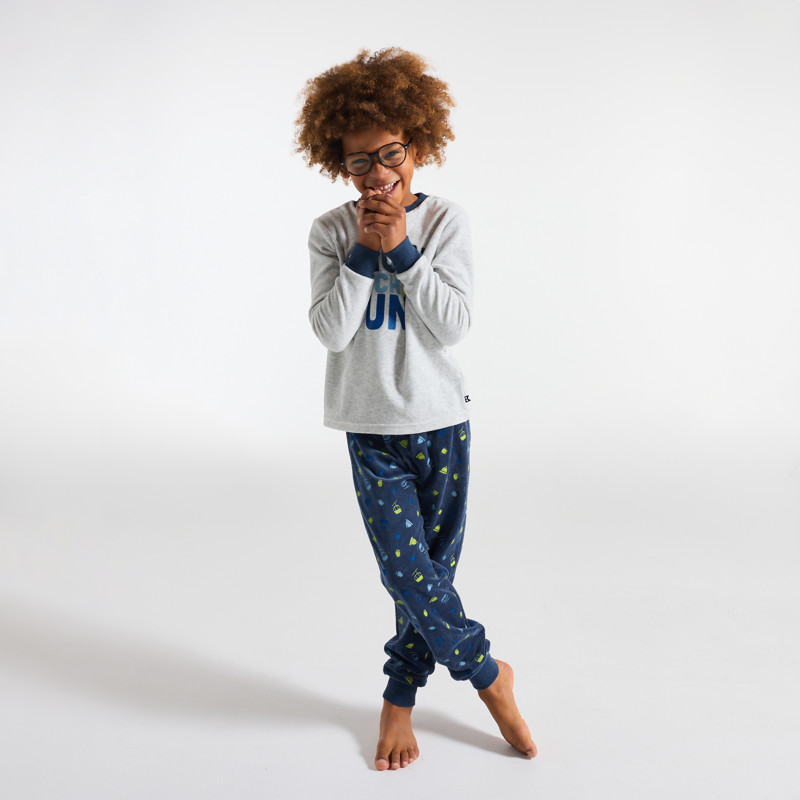 Zweiteiliger Pyjama mit Aufdruck aus grauem Samt für Jungen