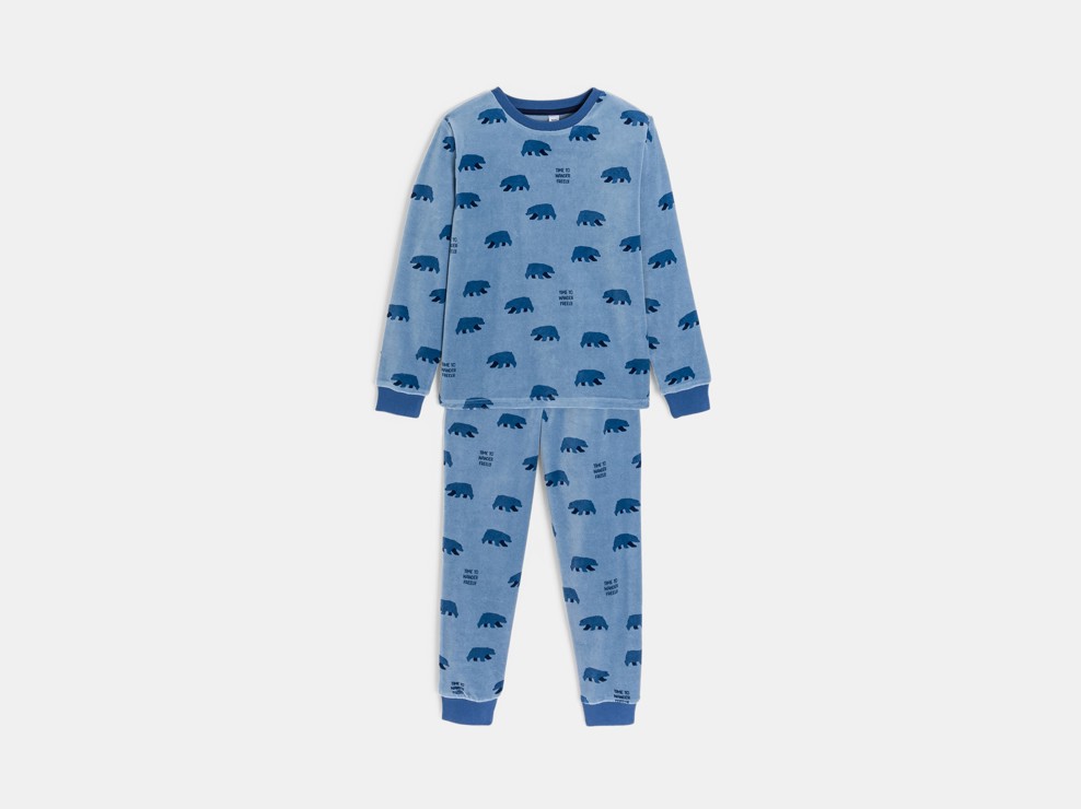 2-teiliger Velours-Pyjama in Blau mit Bären-Motiv für Jungen 2