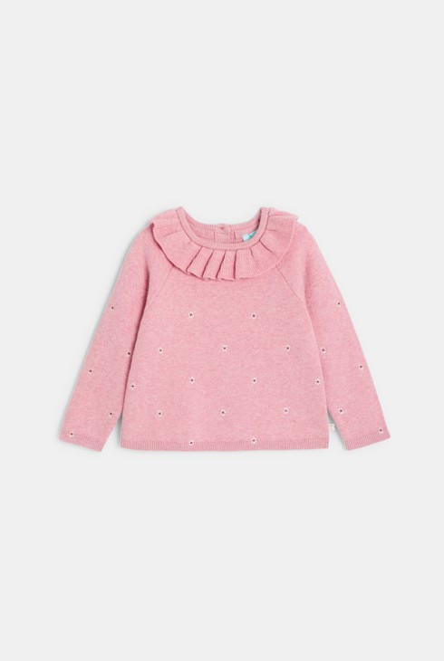 Pull maille tricot col volant rose bébé fille 1