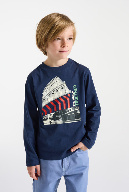 T-shirt bleu manches longues imprimé urbain Garçon 2