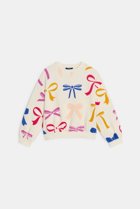 Bel dekliški pulover z motivom pentlje 2