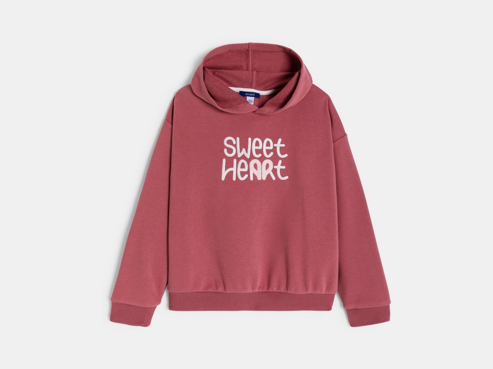 Sudadera de canalé con capucha mensaje bordado rosa oscuro niña 1
