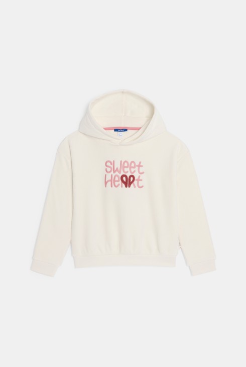Sweat-shirt côtelé à capuche message brodé blanc Fille 1