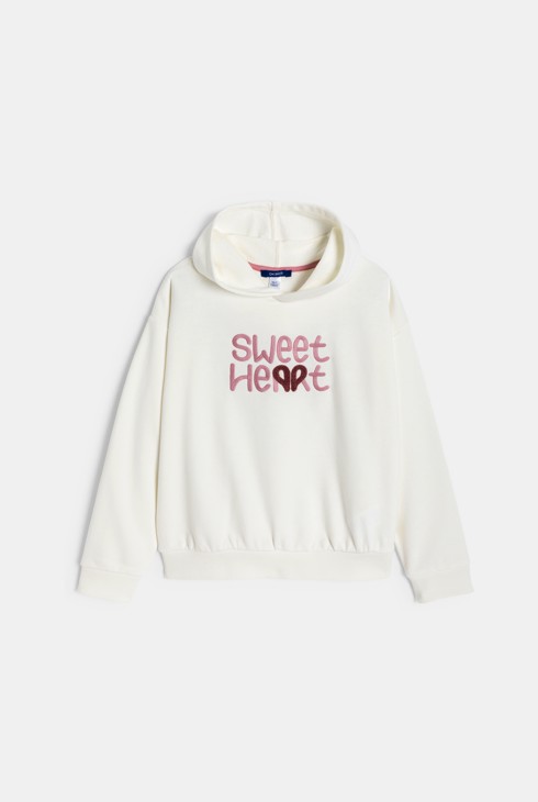 Sudadera de canalé con capucha mensaje bordado blanco niña 1