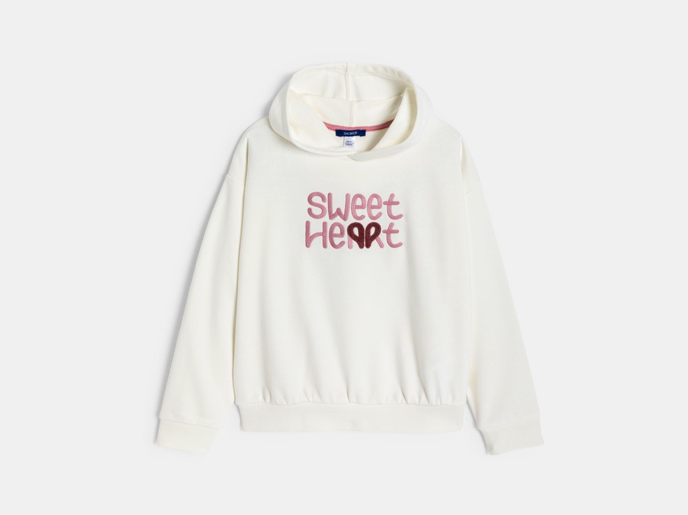 Sudadera de canalé con capucha mensaje bordado blanco niña 1