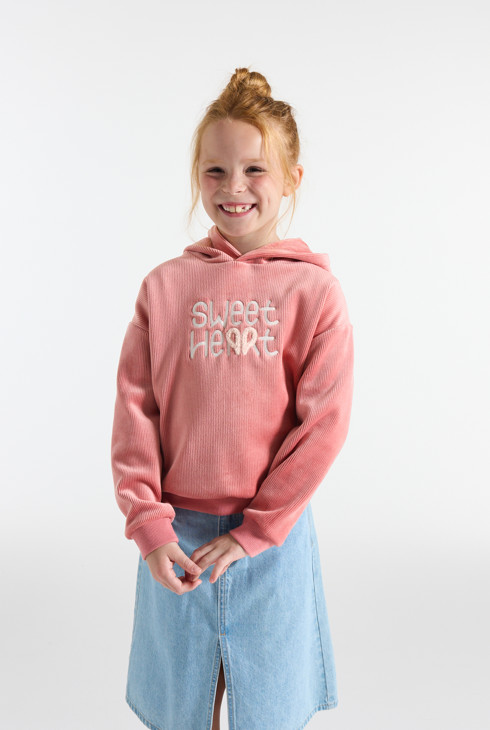 Roze sweatshirt van ribstof met capuchon en geborduurd opschrift voor meisjes 2