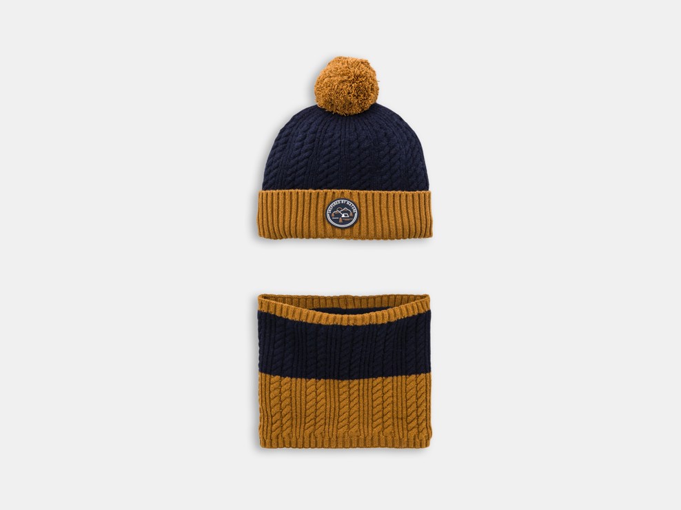 Bonnet et snood maille tricot doublé bleu garçon 1