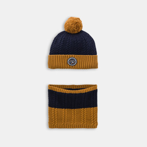 Bonnet et snood maille tricot doublé bleu garçon