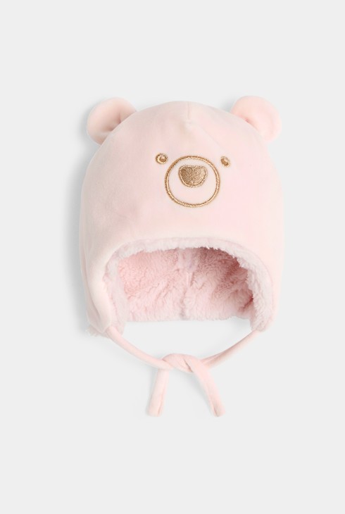 Bonnet péruvien polaire doublé ourson rose bébé fille 1