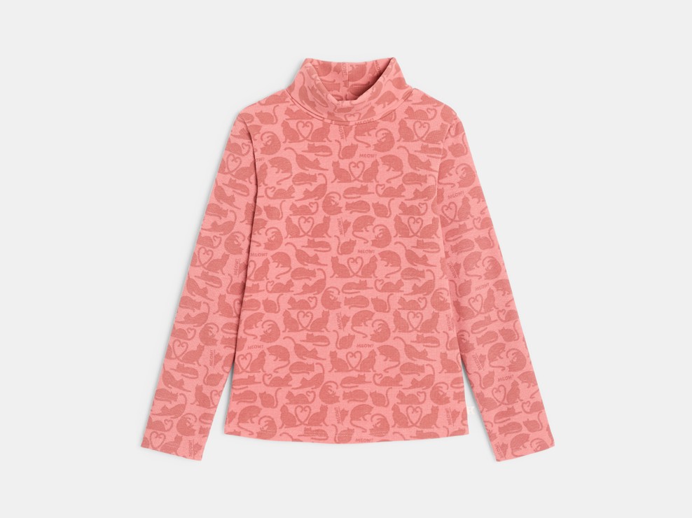 Camiseta de manga larga cuello alto estampado gato rosa niña 2