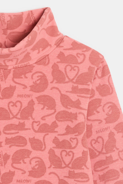 T-shirt manches longues col roulé imprimé chat rose Fille