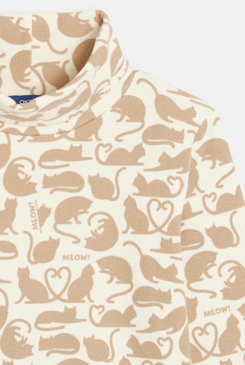 T-shirt manches longues col roulé imprimé chat beige Fille
