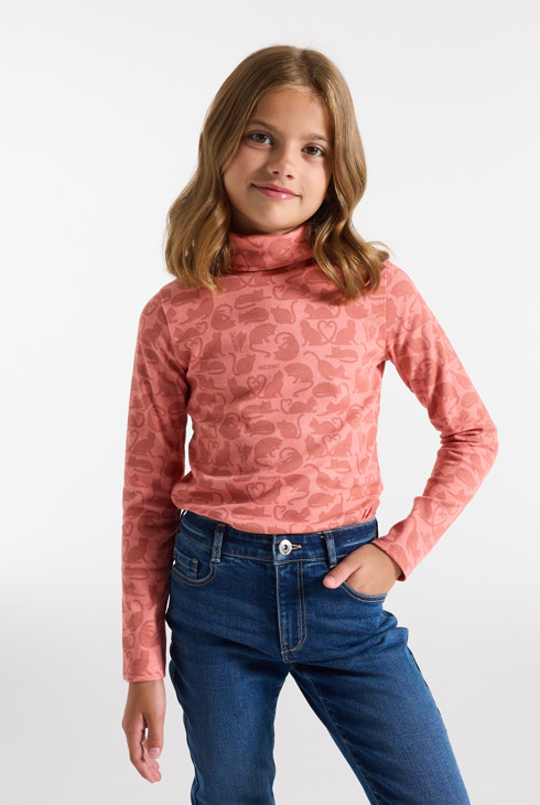 Camiseta de manga larga cuello alto estampado gato rosa niña 2