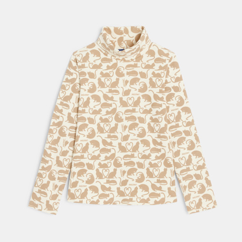 T-shirt Manches Longues Col Roulé Imprimé Chat Beige Fille - Imprimé Beige - 8A - OKAIDI