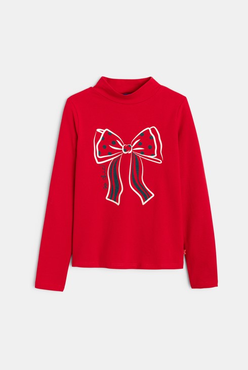 T-shirt col montant rouge motif noeud Fille 1
